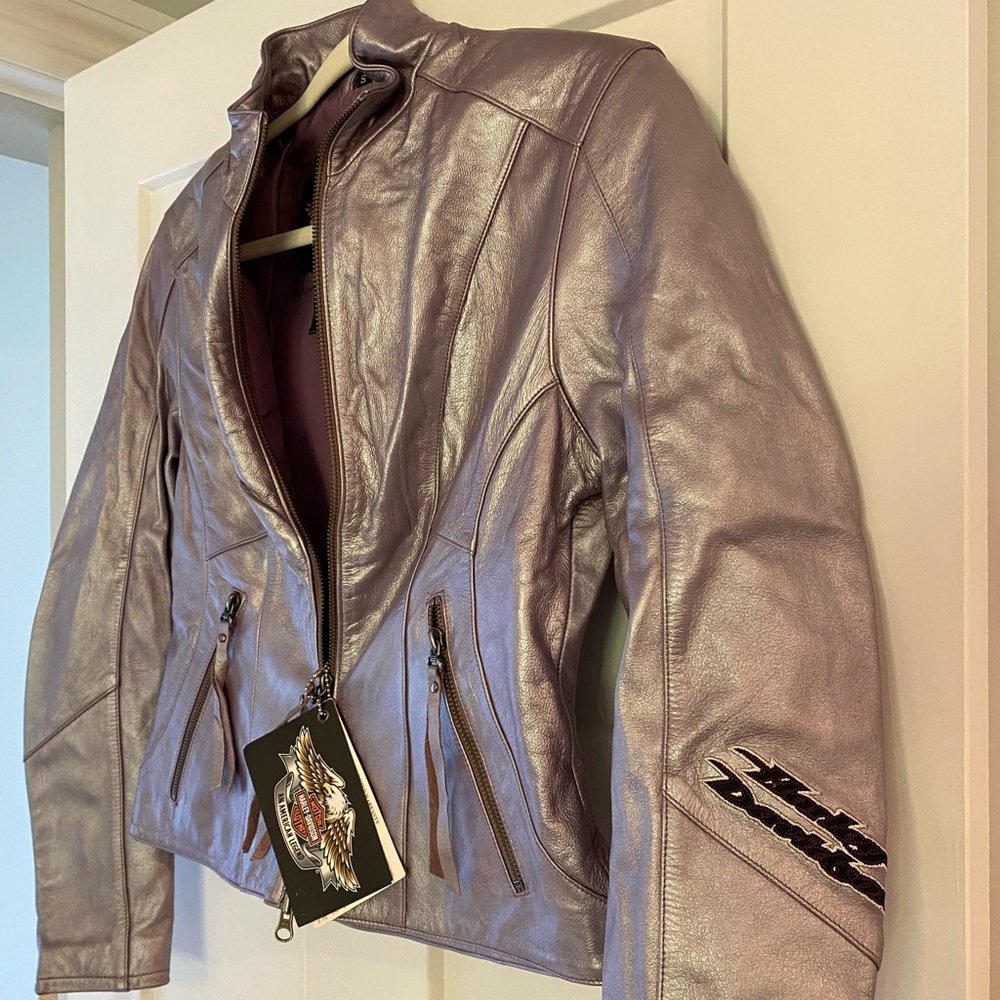 Gorgeous lavender color leather HD jacket.